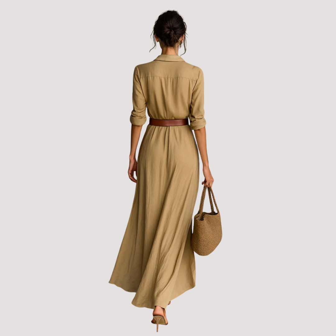 LA VENECIA | Regina™ - Vestido Largo con Cinturón, Mangas Largas y Solapas