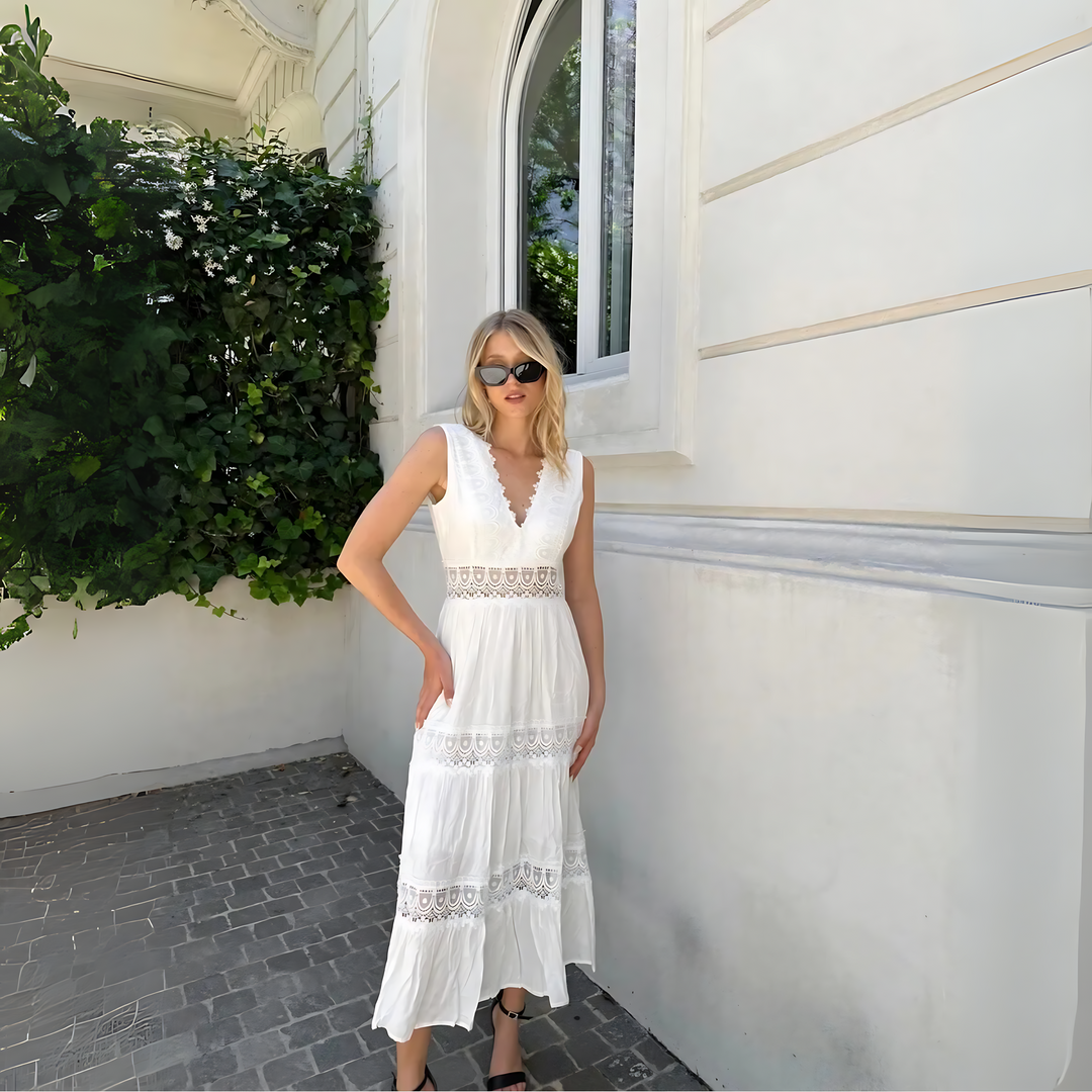 Ninfea™  | Vestido Midi sin Mangas de estilo Boho con Detalles de Encaje