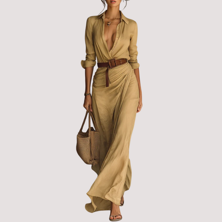 LA VENECIA | Regina™ - Vestido Largo con Cinturón, Mangas Largas y Solapas