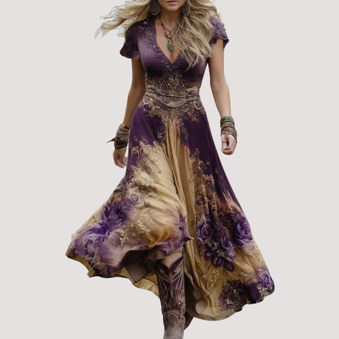 LA VENECIA | Eugenia™ - Vestido Boho con Estampado Floral y Degradado en Tonos Morados y Lavanda Elegante
