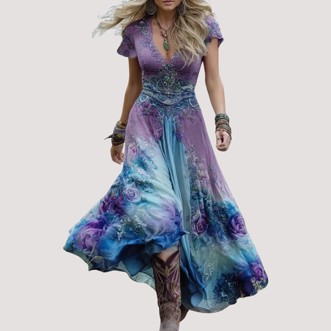 LA VENECIA | Eugenia™ - Vestido Boho con Estampado Floral y Degradado en Tonos Morados y Lavanda Elegante