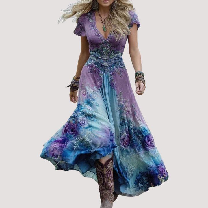 LA VENECIA | Eugenia™ - Vestido Boho con Estampado Floral y Degradado en Tonos Morados y Lavanda Elegante