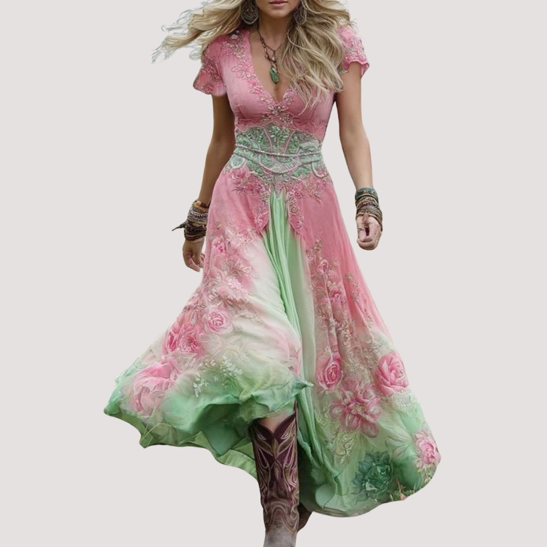 LA VENECIA | Eugenia™ - Vestido Boho con Estampado Floral y Degradado en Tonos Morados y Lavanda Elegante