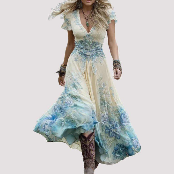 LA VENECIA | Eugenia™ - Vestido Boho con Estampado Floral y Degradado en Tonos Morados y Lavanda Elegante