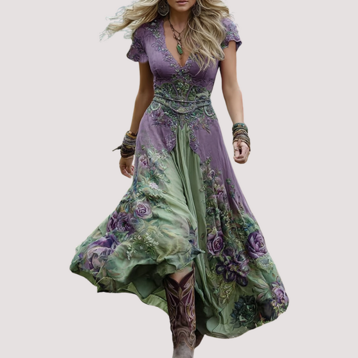 LA VENECIA | Eugenia™ - Vestido Boho con Estampado Floral y Degradado en Tonos Morados y Lavanda Elegante