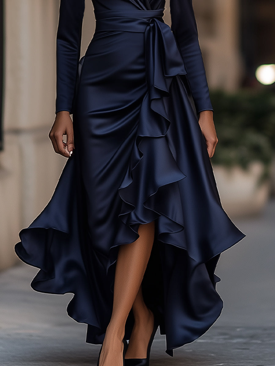 LA VENECIA | Carlota™ - Vestido Largo de Satén Azul Medianoche con Drapeado y Detalles de Volantes