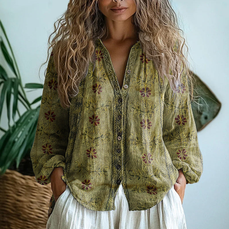 LA VENECIA | Ámbar™ - Blusa Vintage con Estampado de Hojas