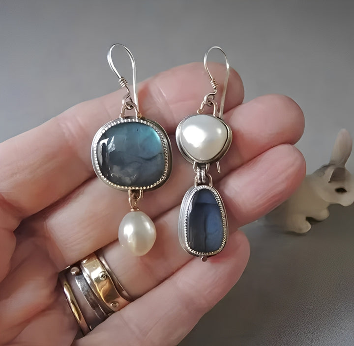LA VENECIA | Esperanza™  - Pendientes vintage de piedra azul y perlas y acero inoxidable