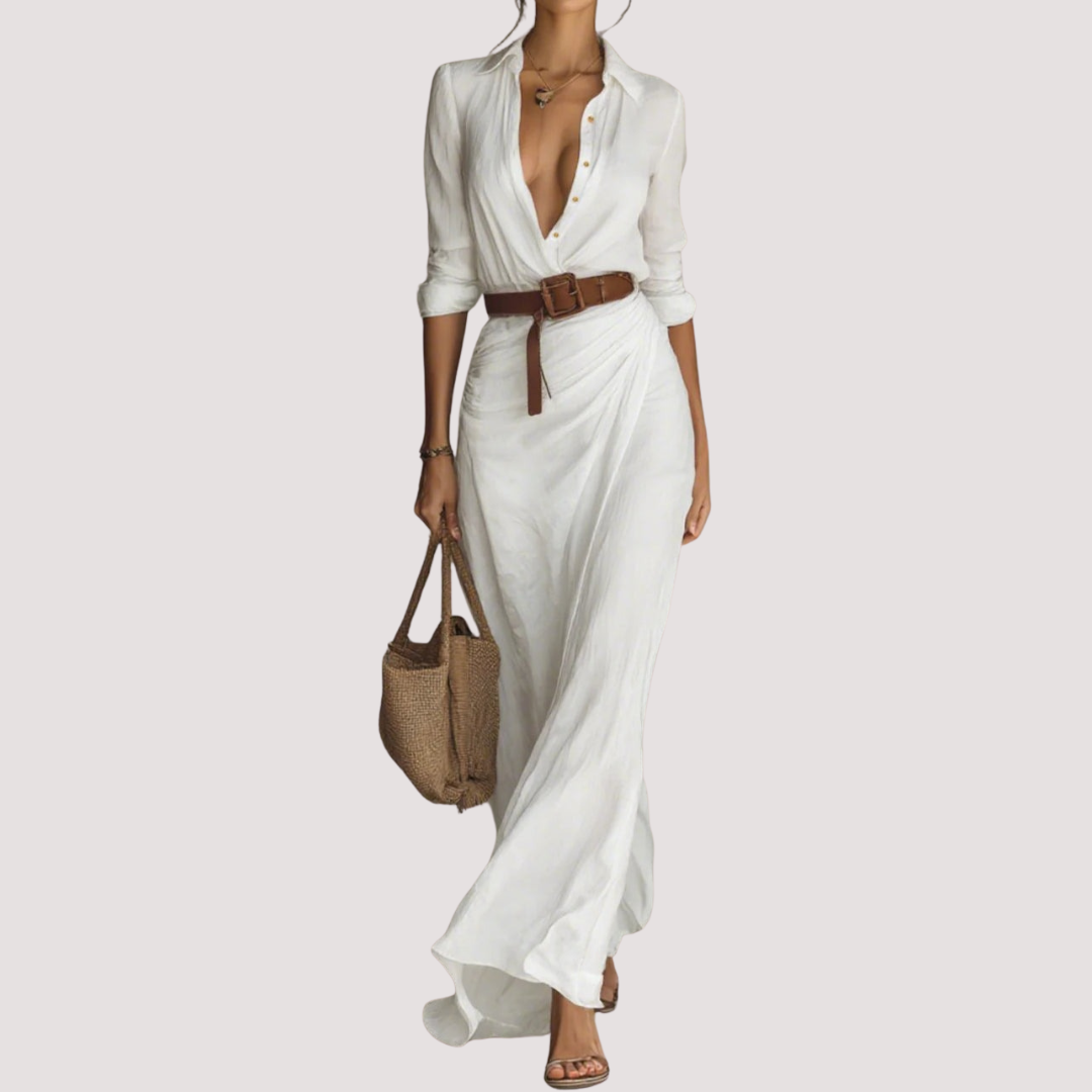 LA VENECIA | Regina™ - Vestido Largo con Cinturón, Mangas Largas y Solapas
