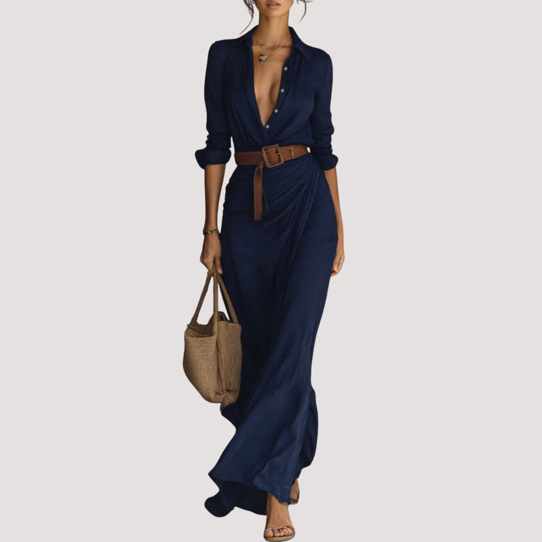 LA VENECIA | Regina™ - Vestido Largo con Cinturón, Mangas Largas y Solapas