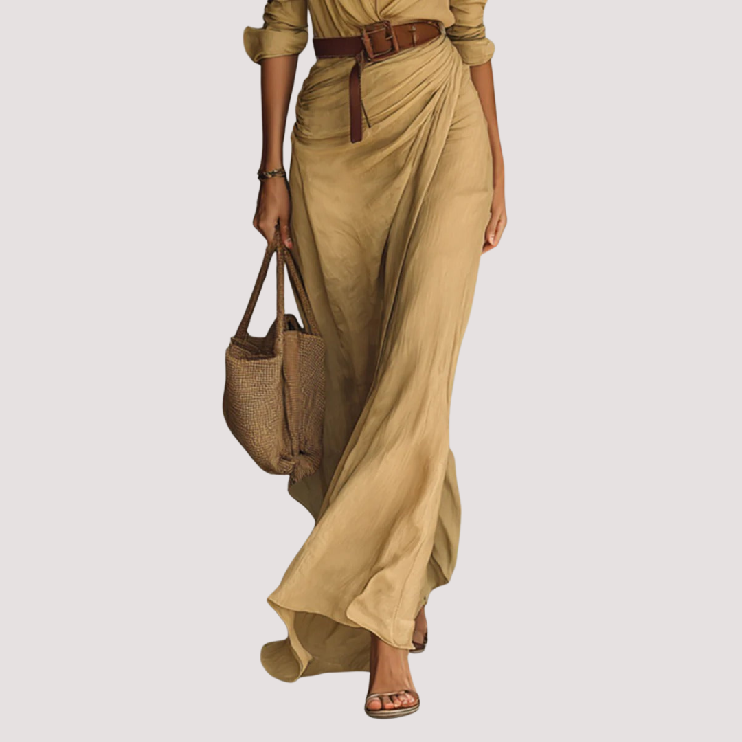 LA VENECIA | Regina™ - Vestido Largo con Cinturón, Mangas Largas y Solapas