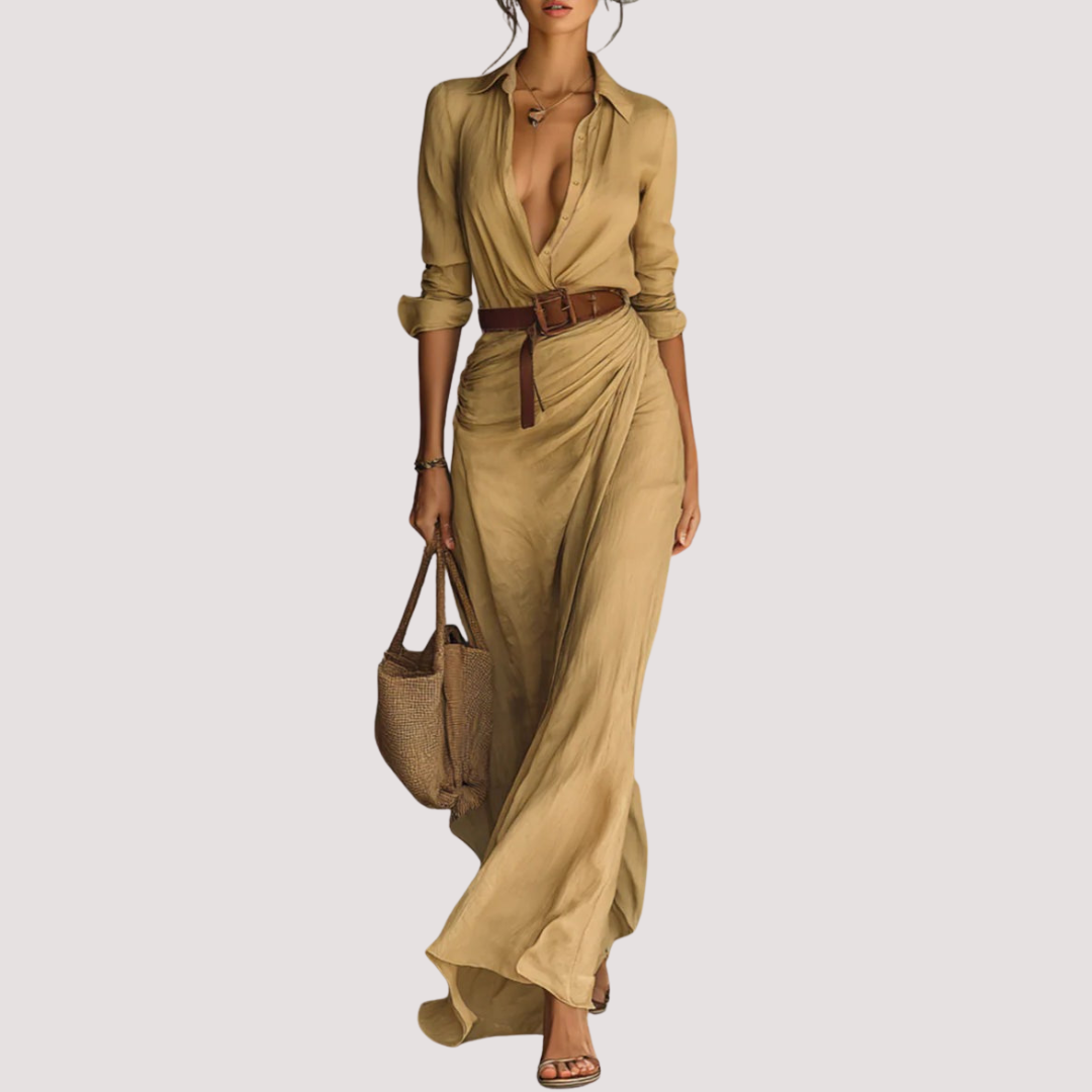 LA VENECIA | Regina™ - Vestido Largo con Cinturón, Mangas Largas y Solapas