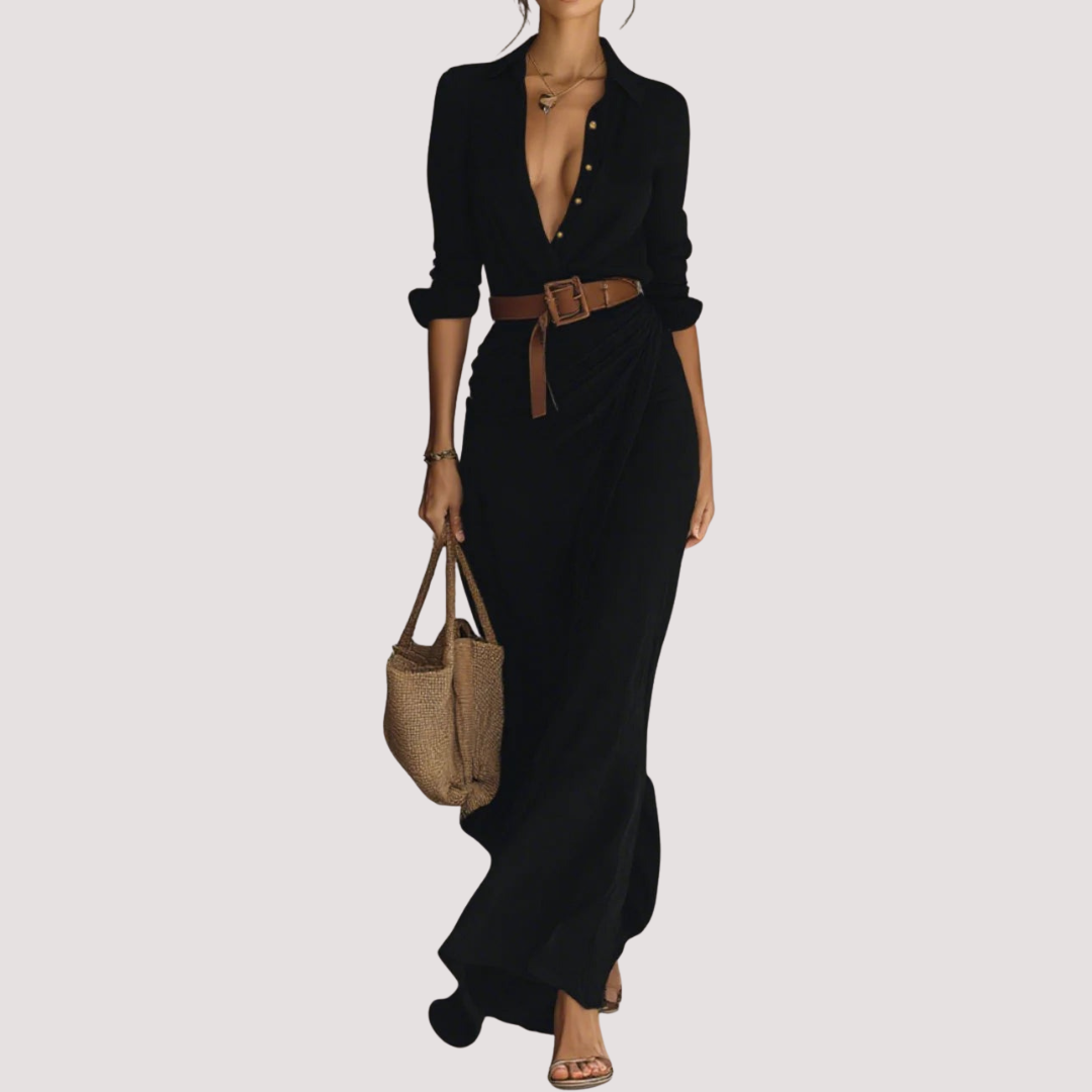 LA VENECIA | Regina™ - Vestido Largo con Cinturón, Mangas Largas y Solapas