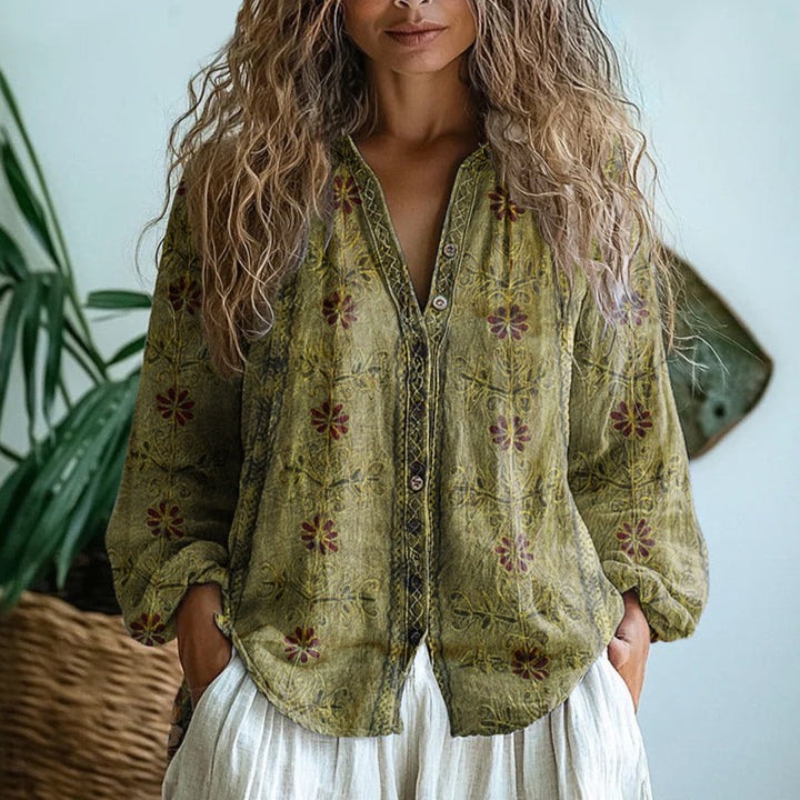LA VENECIA | Ámbar™ - Blusa Vintage con Estampado de Hojas